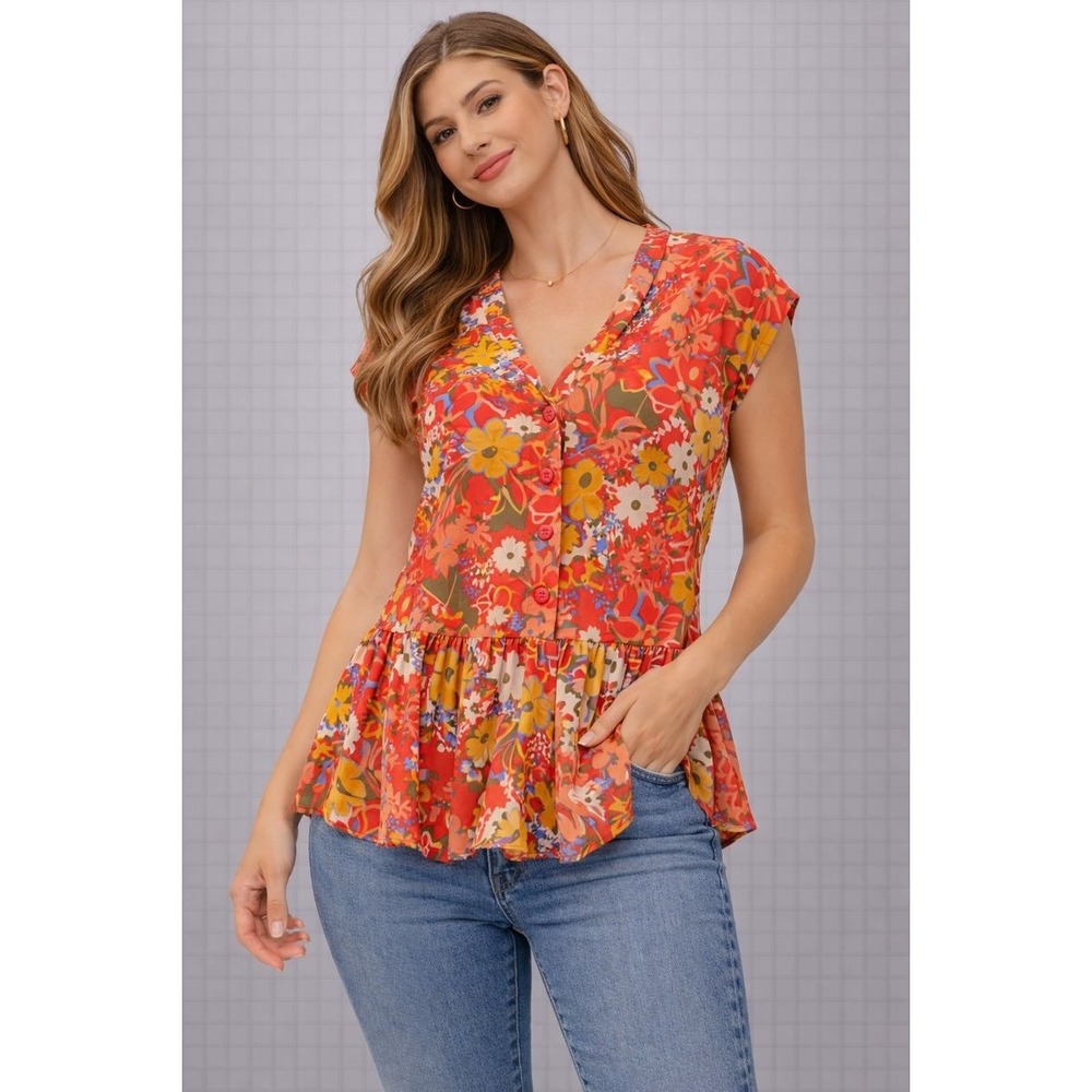 LOFT Outlet Floral Peplum Blouse Women's XS Sleeveless Button Front‎